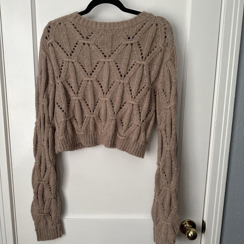 New Taupe Cropped Sweater Open Knit Women's XL - Picture 9 of 10
